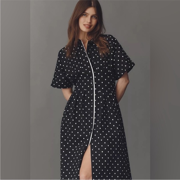 Anthropologie Dresses & Skirts - Anthropologie Black Polka Dot Midi Dress with White Trim